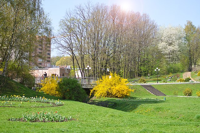 Bild från den hus och en blommande park i den ukrainska staden Khmelnytskyi 