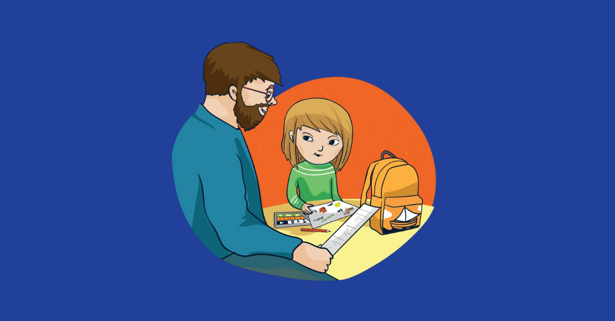 Illustration på en man och en flicka som kommunicerar med hjälp av bildstöd.