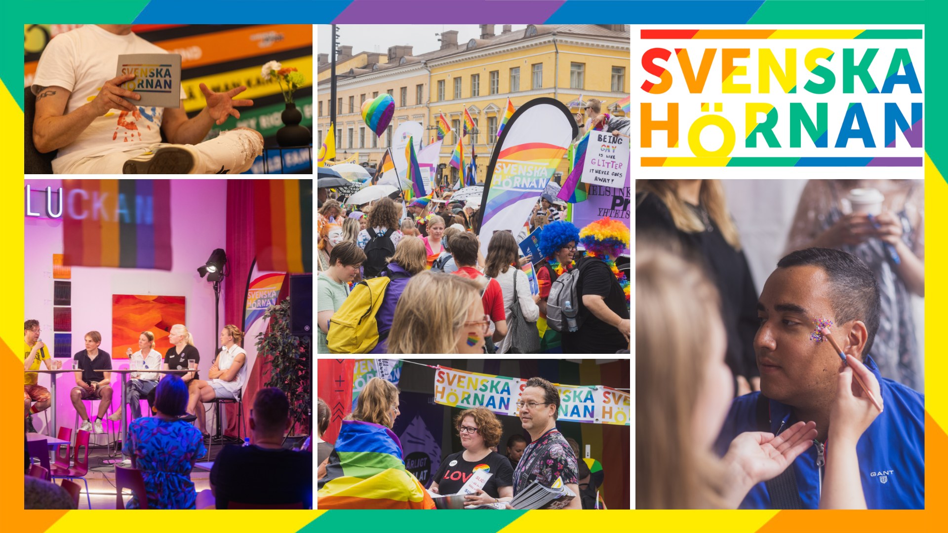 Bildkollage från tidigare års parad och prideprogram samt logon för Svenska hörnan i regnbågens färger.
