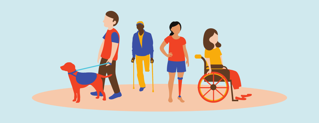 Illustration över personer med olika funktionsnedsättningar.