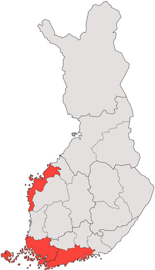 Karta över Finland med de orter där FDUV har medlemsföreningar är markerade