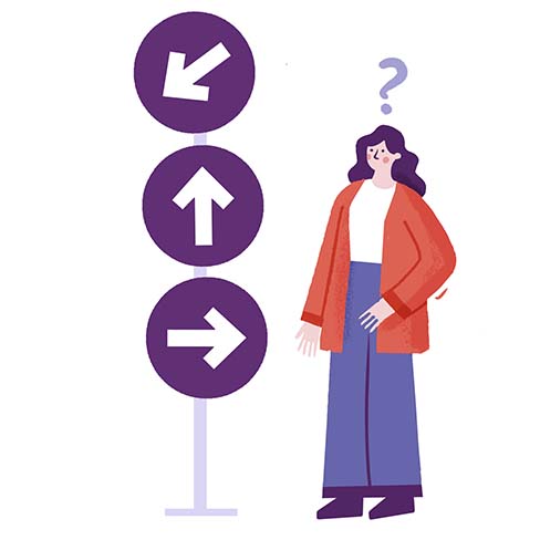 En illustration över en kvinna som står frågande vid en skylt med pilar som visar åt olika håll.