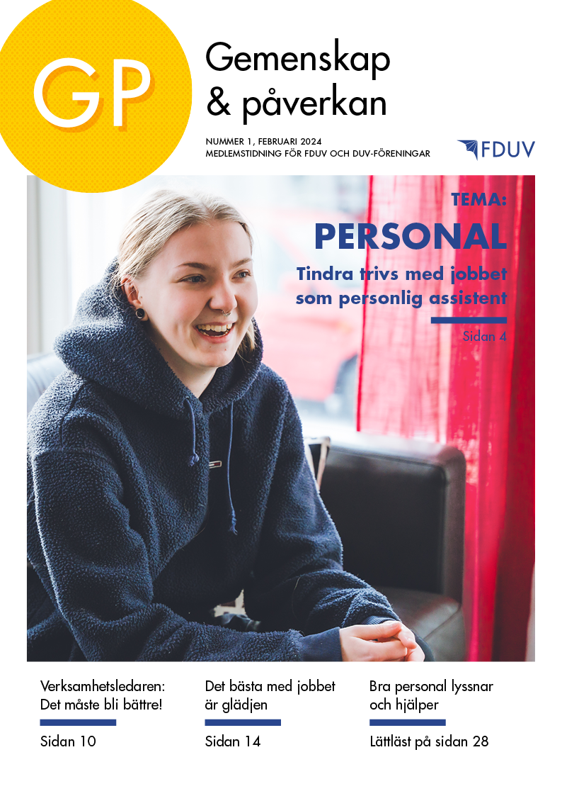 GP 1/2024 tema: personal, på pärmen ung kvinna och texten Tindra trivs med jobbet som personlig assistent".