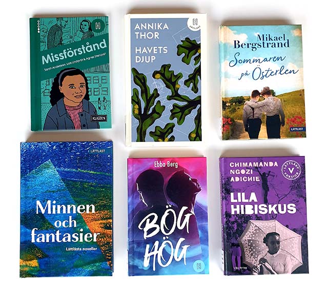 Böckerna Missförstånd, Havets djup, Sommaren på Österleden, Minnen och fantasier, Bög hög och Lila Hibiskus.