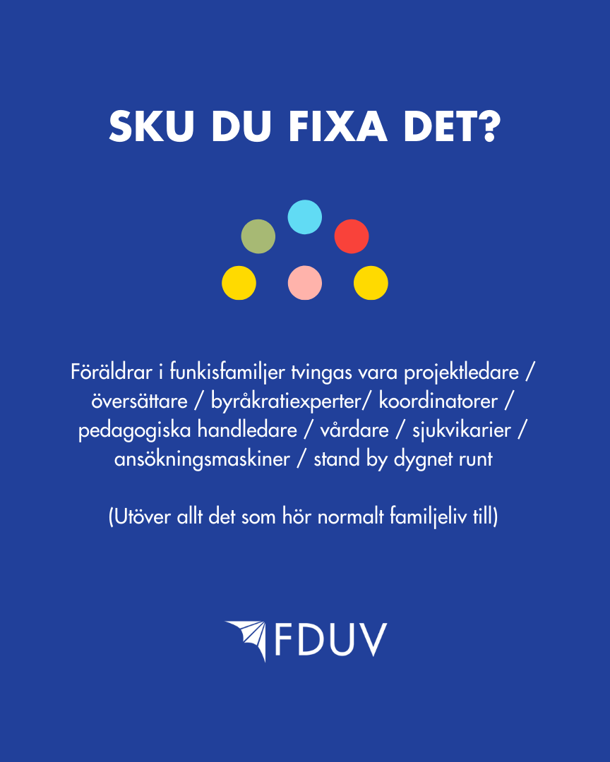 Sku du fixa det? Föräldrar i funkisfamiljer tvingas vara projektledare / översättare / byråkratiexperter/ koordinatorer / pedagogiska handledare / vårdare / sjukvikarier / ansökningsmaskiner / stand by dygnet runt (Utöver allt det som hör normalt familjeliv till).