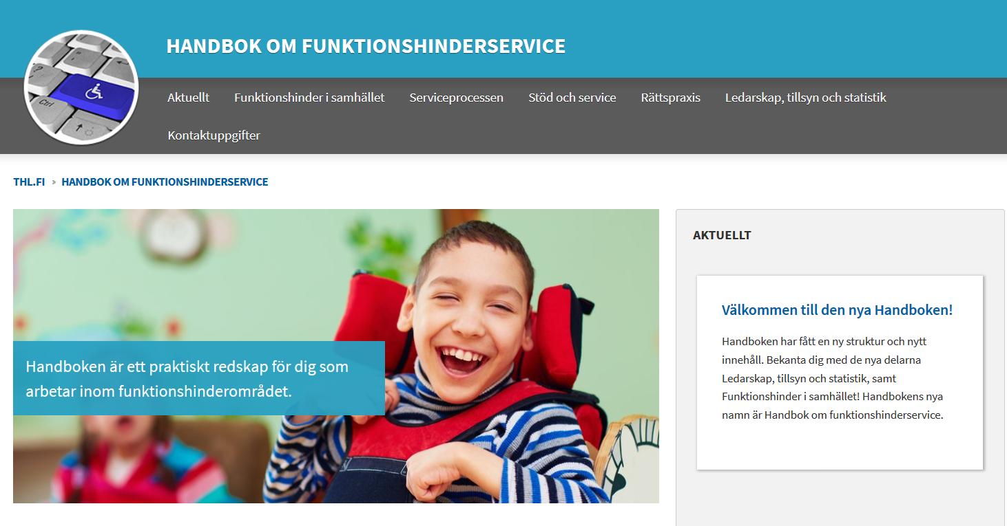 Skärmdump från handbokens webbplats. På bild glad pojke med funktionsnedsättning och texten Handboken är ett praktiskt redskap för dig som arbetar inom funktionshinderområdet. 