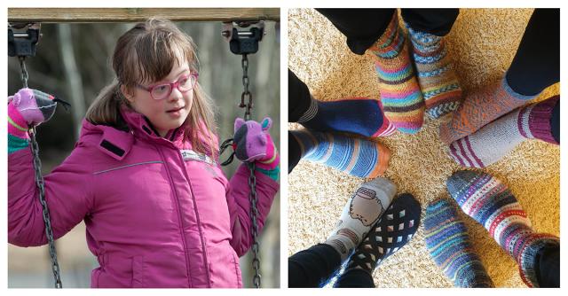 Bildcollage med en ung tjej med Downs syndrom och bild på fötter med olika par strumpor.