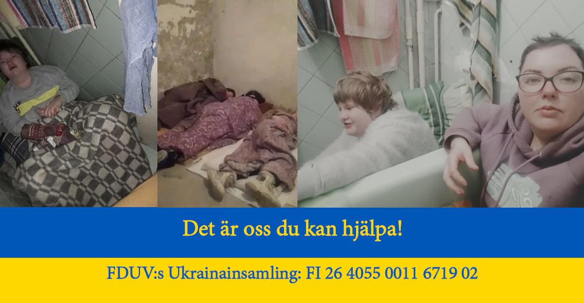 Bildkollage av personer med funktionsnedsättning inrullade i filtar i skyddsrum och i badrum i Ukraina under kriget 2022