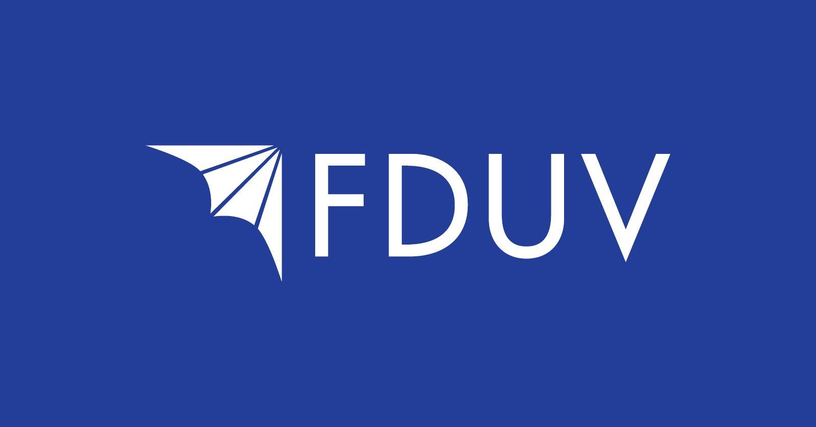 FDUVs vita logo på blå bakgrund