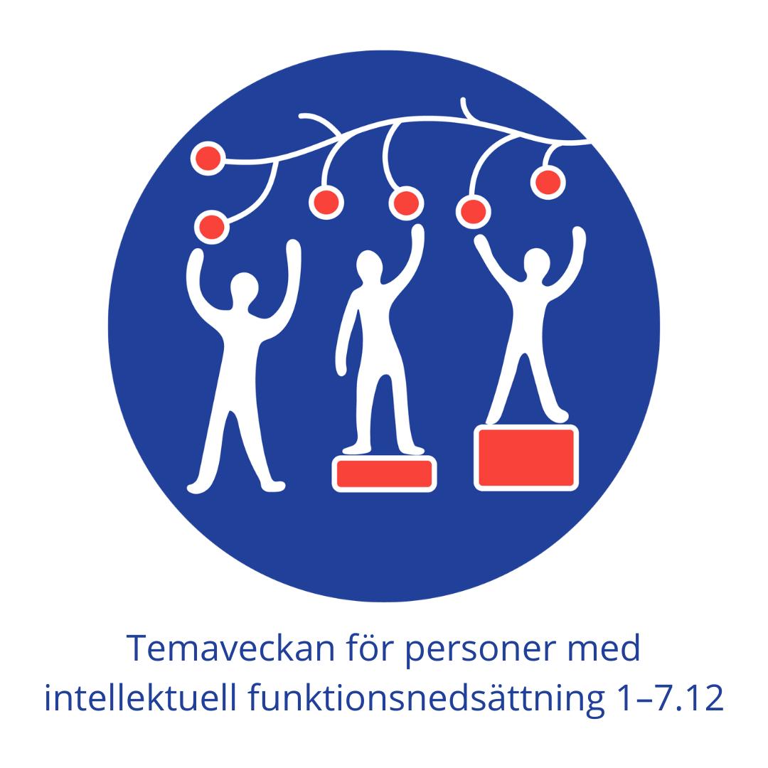 Logo för temaveckan som visar tre personer som stäcker sig mot frukt i ett träd och når dem tack vare olika höga pallar.