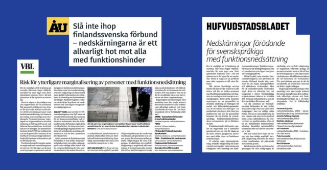 Skärmklipp på insändare i ÅU, Vasabladet och Hufvudstadsbladet.