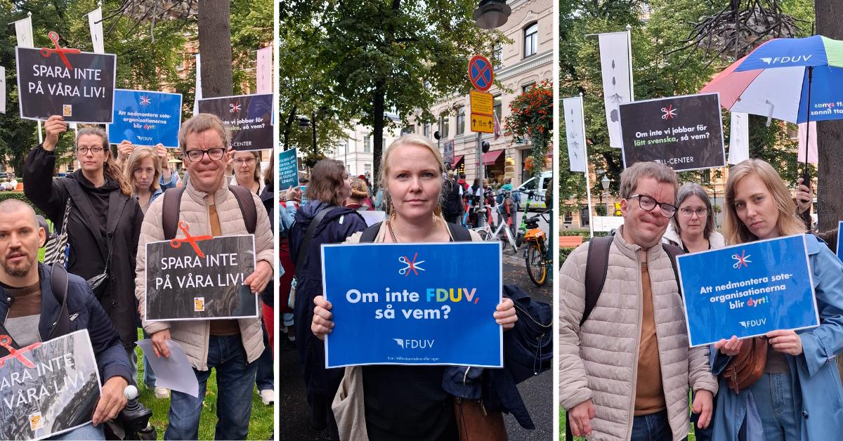 Bilder från demonstration med plakat med texter som Om inte FDUV, så vem? Skär inte i våra liv och Att nedmontera sote-organisationerna blir dyrt.