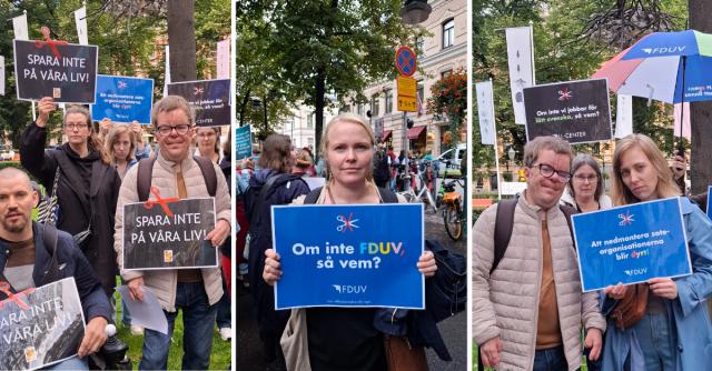 Bilder från demonstration med plakat med texter som Om inte FDUV, så vem? Skär inte i våra liv och Att nedmontera sote-organisationerna blir dyrt.