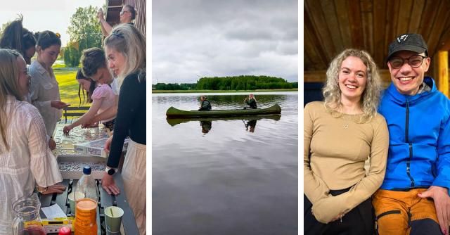 Kvinna i olika roller på läger: plättstekning, kanotpaddling och tillsammans med deltagare.